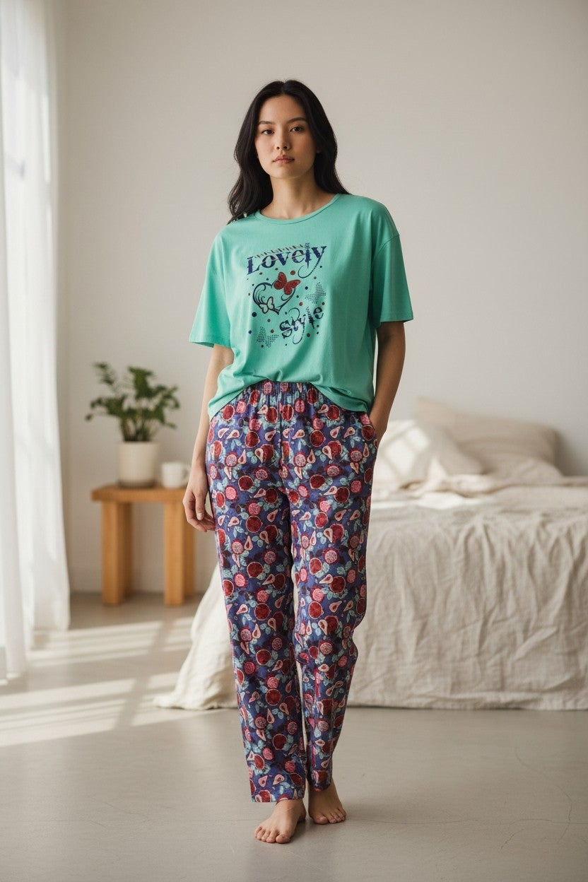 Women's Cotton Printed Night Suit Set of T-Shirt & Pyjama, Night wear Dress, Relaxed wear for Women/Girls