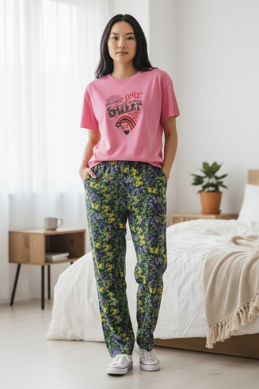 Women's Cotton Printed Night Suit Set of T-Shirt & Pyjama, Night wear Dress, Relaxed wear for Women/Girls