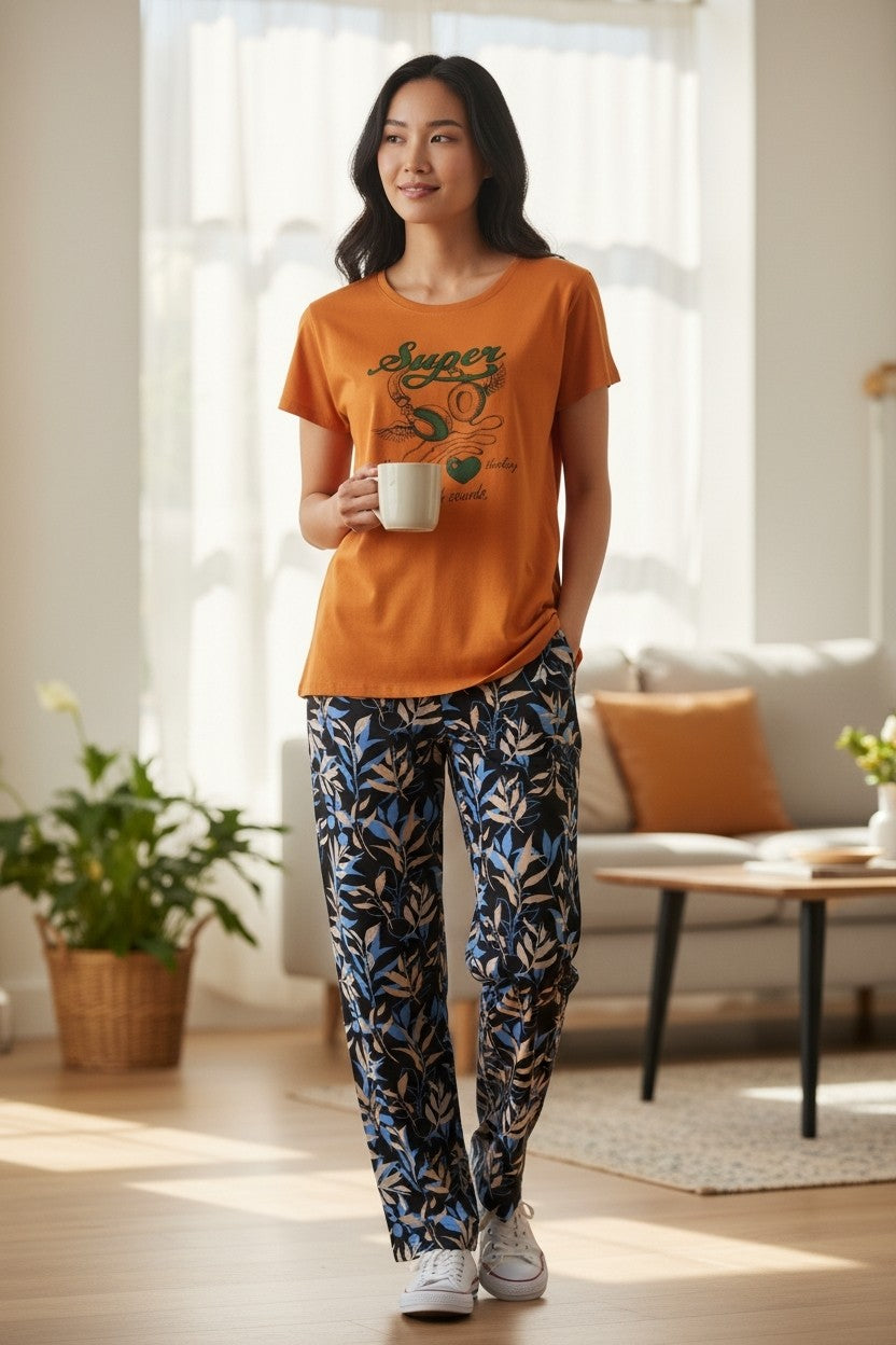 Women's Cotton Printed Night Suit Set of T-Shirt & Pyjama, Night wear Dress, Relaxed wear for Women/Girls