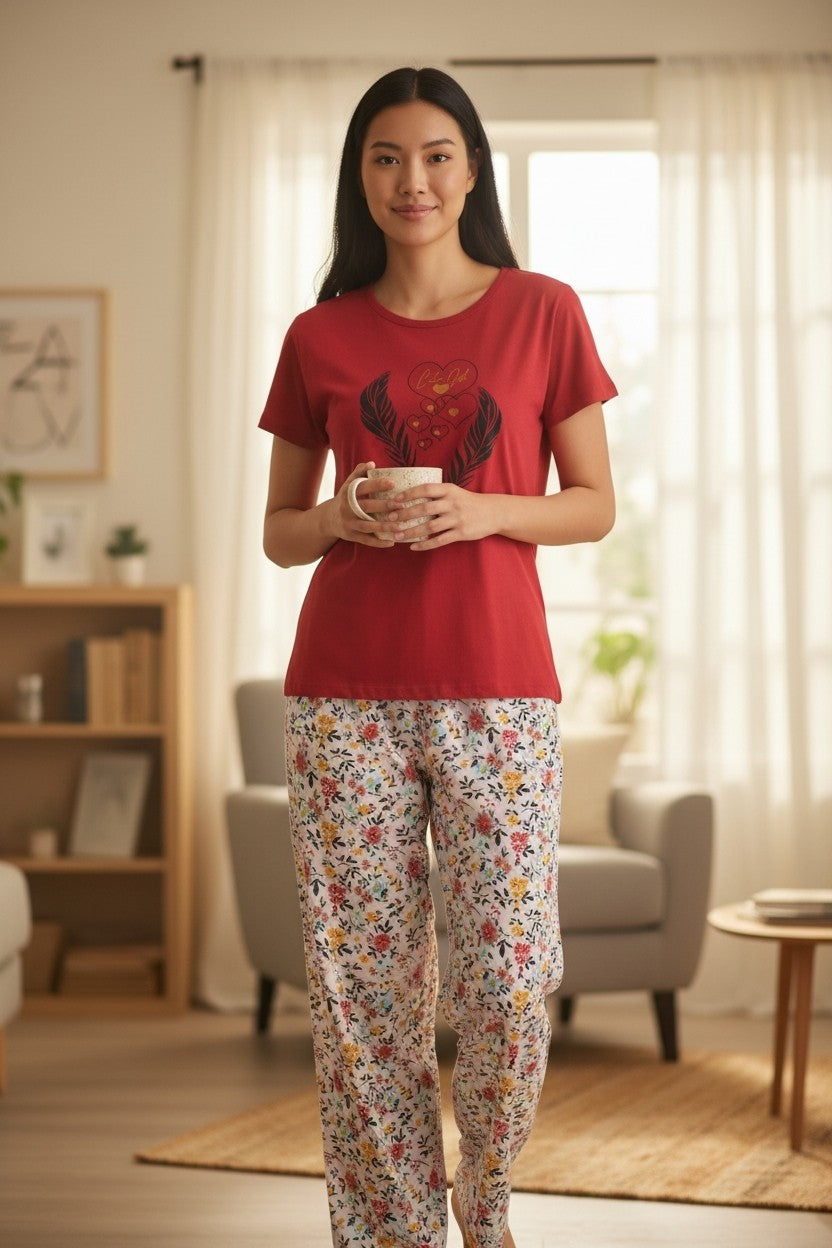Women's Cotton Printed Night Suit Set of T-Shirt & Pyjama, Night wear Dress, Relaxed wear for Women/Girls