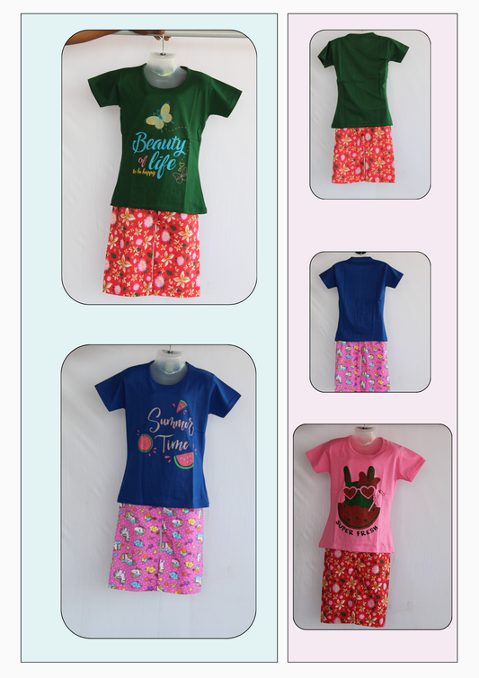 Princess Girls Night Wear Set – T-Shirt & 3/4th Pant (Pack of 6)
