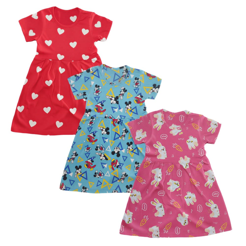 Baby Girls Frock Dress – Printed Summer Wear for Kids [pack of 3 pcs]