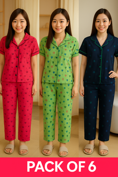 PRINCESS COLLAR PYJAMA SET WITH POCKET  ( Pack of 6 )